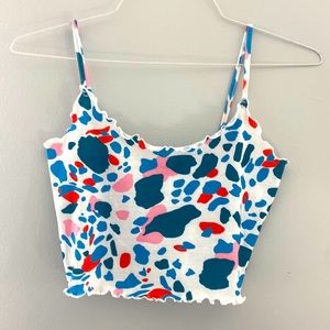 Multicolored cropped top with spaghetti straps and frilly edges